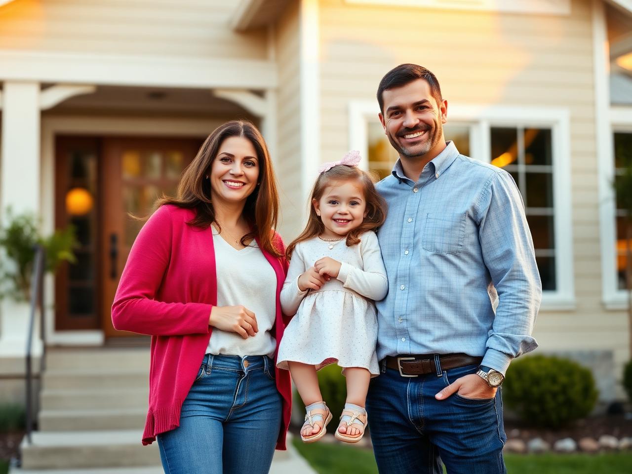 Happy family in front of their new home