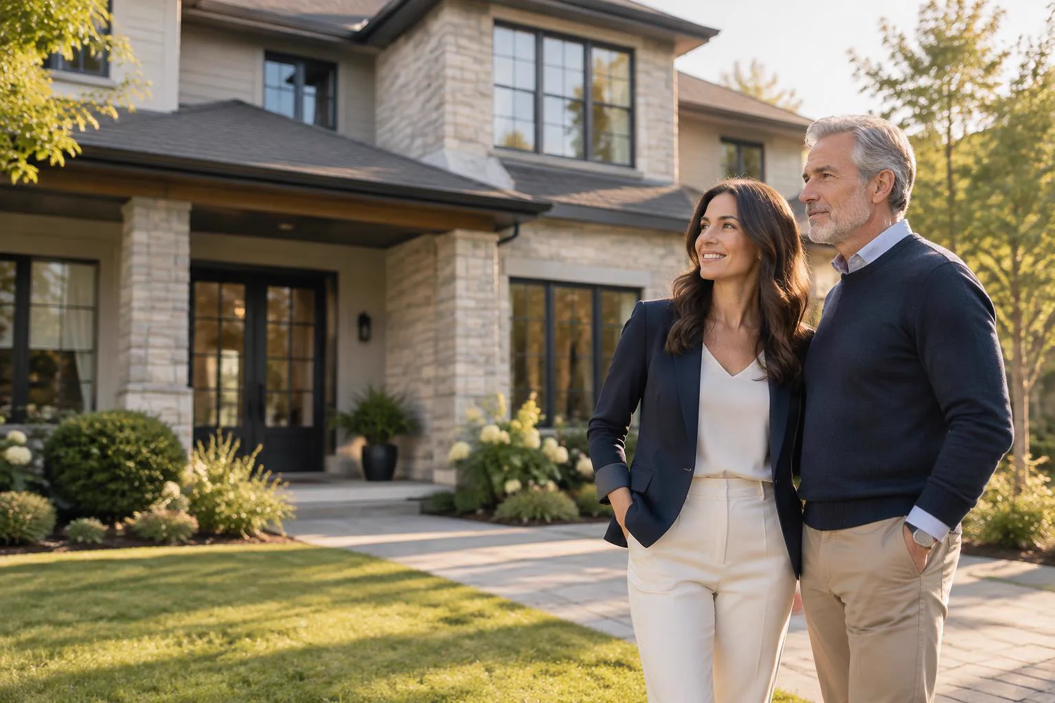 Homeowners standing outside a contemporary home in warm morning light